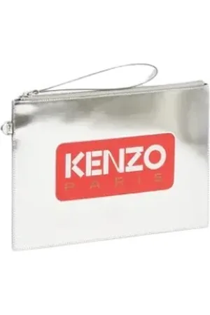 Kenzo Tilbehør, unisex, Grå, ONE SIZE, Læder, Metallic Læder Clutch med Ikonisk Logo