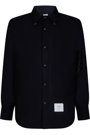 Thom Browne Skjorte, Herre, Blå, XL, Uld, Mørkeblå Uld Skjortejakke med 4-Bar Detalje