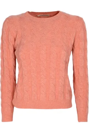 CASHMERE COMPANY Strik, Dame, Lyserød, M, Uld, Rosa Laks Cashmere og Uld Flettede Crewneck Sweater