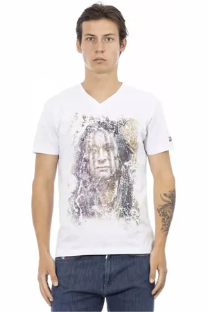 Trussardi Top, Herre, Hvid, XL, Bomuld, Hvid V-Hals T-Shirt med Frontprint