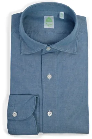 Finamore Skjorte, Herre, Blå, 2XL, Uld, Gaeta Chambray Skjorte med Blød Krave