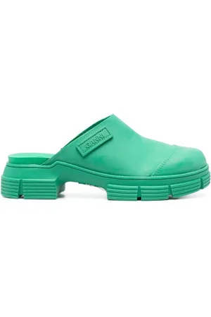 Ganni Sko, Dame, Grøn, 38 EU, Grøn Slipper Mule med Logo Patch