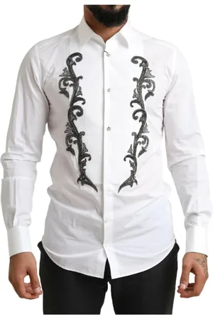Dolce & Gabbana Skjorte, Herre, Hvid, S, Bomuld, Hvid Barok Detalje Slim Fit Skjorte