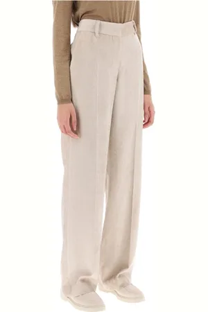 Brunello Cucinelli Bukser, Dame, , XS, Uld, Corduroy Straight Leg Bukser med Høj Talje