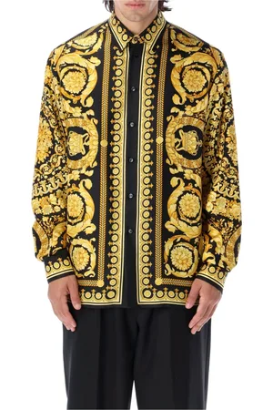VERSACE Skjorte, Herre, Flerfarvet, XL, Uld, Sorte Barocco Gold Skjorter og Polos