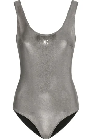 Dolce & Gabbana Badetøj, Dame, Grå, XS, Nylon, Metallic U-neck Badedragt med Åben Ryg