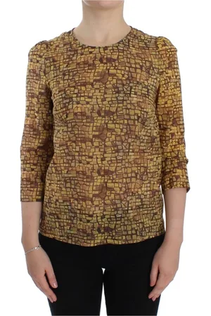 Dolce & Gabbana Bluser & Skjorter, Dame, Brun, 2XS, Uld, Multifarvet Mosaik Print Silke Bluse T-shirt