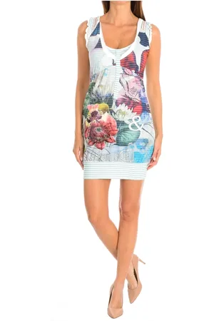 Desigual Kjole, Dame, Hvid, S, Uld, Blå Stribet Ærmeløs Kjole