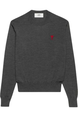 Ami Strik, Herre, Grå, 2XL, Uld, Broderet Logo Rund Hals Pullover