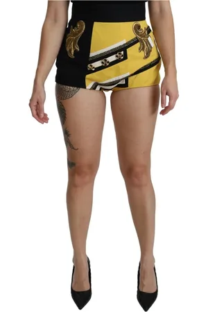 Dolce & Gabbana Shorts, Dame, Flerfarvet, L, Bomuld, Gul Sort Krystalbroderet Højtaljede Shorts