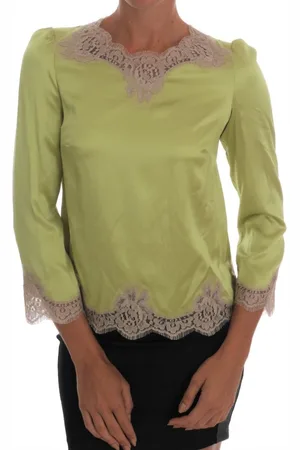 Dolce & Gabbana Bluser & Skjorter, Dame, Grøn, 2XS, Bomuld, Grøn Silke Stretch Bluse med Beige Blomster Blonde