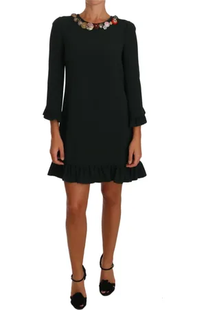 Dolce & Gabbana Kjole, Dame, Grøn, M, Uld, Grøn Krystalbesat A-Line Kjole