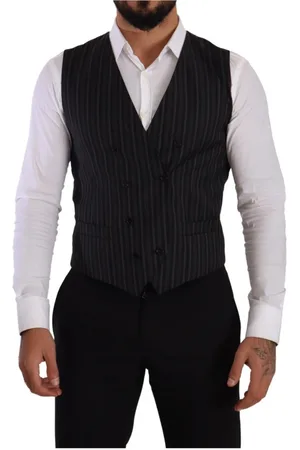 Dolce & Gabbana Jakkesæt, Herre, Grå, M, Uld, Grå Stribet Dobbeltbrystet Vest