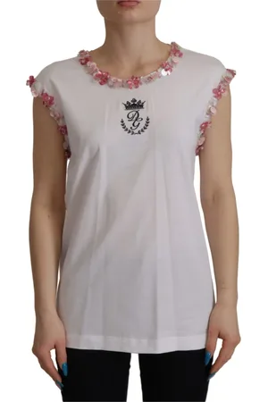 Dolce & Gabbana Top, Dame, Hvid, 2XS, Blomstret Sequin T-shirt med DG Crown