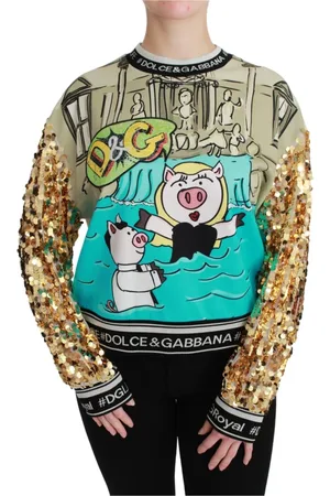 Dolce & Gabbana Sweathshirts & Hoodies, Dame, Flerfarvet, 3XS, Bomuld, Crewneck Sweater med Year of the Pig Motiv