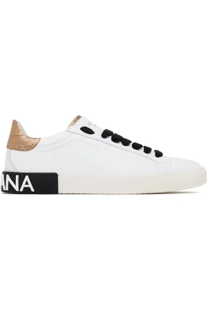 Dolce & Gabbana Sko, Dame, Hvid, 41 EU, Uld, Hvide, Sorte og Guldtonede Portofino Lavtop Sneakers