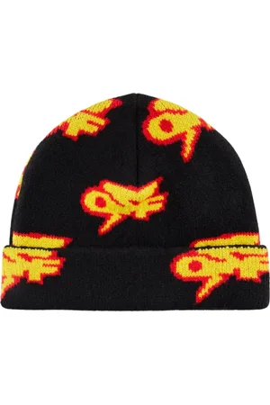 OFF-WHITE Tilbehør, Herre, Sort, ONE SIZE, Uld, Sort/Gul Thunder Logo Beanie