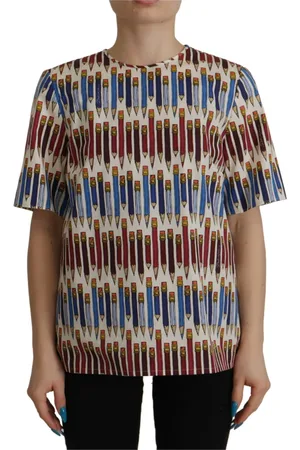 Dolce & Gabbana Top, Dame, Flerfarvet, XS, Bomuld, Hvid Blyant Print Bomuld Bluse