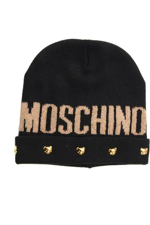 Moschino Tilbehør, Dame, Sort, ONE SIZE, Uld, Logo Hat med Rullede Manchetter og Kontrastdetaljer