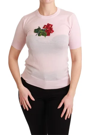Dolce & Gabbana Top, Dame, Lyserød, 2XS, Cashmere, Floral Embroidered Cashmere Bluse