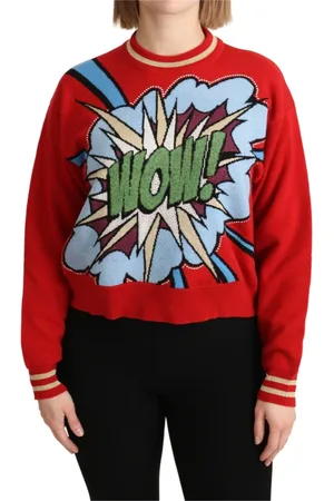 Dolce & Gabbana Strik, Dame, Rød, XS, Cashmere, Rød Strikket Cashmere Cartoon Top Sweater