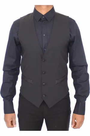 Dolce & Gabbana Jakkesæt, Herre, Sort, XS, Uld, Sort Silke Uld Kjole Vest med Logo Detaljer