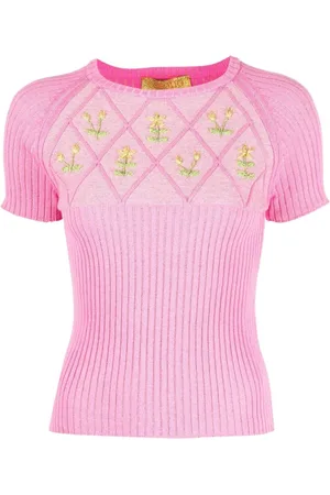 CORMIO Top, Dame, Lyserød, XS, Bomuld, Blomstret broderi strikket top i