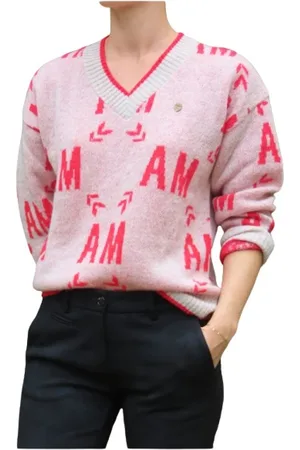 Aeronautica Militare Strik, Dame, Lyserød, L, Uld, Unikt Mohair Blandet V-Hals Sweater