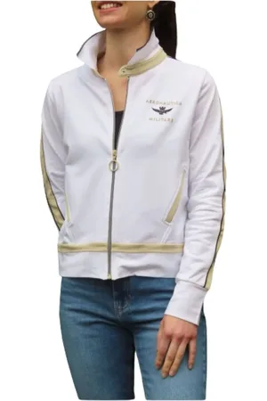 Aeronautica Militare Sweathshirts & Hoodies, Dame, Hvid, M, Bomuld, Kontrast Stribet Lynlås Vest