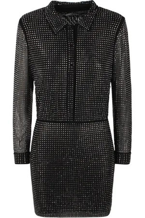 Self-Portrait Kjole, Dame, Sort, XS, Polyester, Rhinestone Mini Skjortekjole