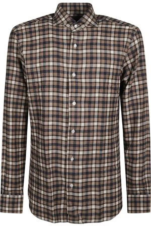 BARBA Skjorte, Herre, Brun, 2XL, Uld, Brun/Beige Neck Shirt