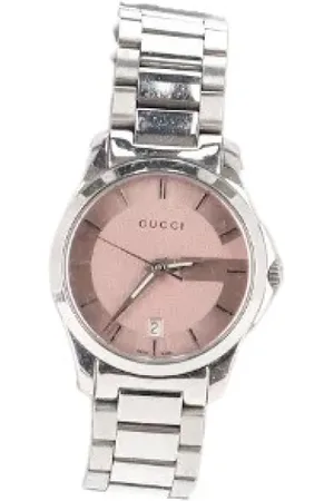 Gucci Pre-owned, Dame, Grå, ONE SIZE, Sølv Rustfrit Stål Ur med Pink Skive