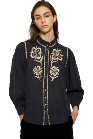 Antik Batik Bluser & Skjorter, Dame, Sort, XS, Bomuld, Anouki broderet bluse