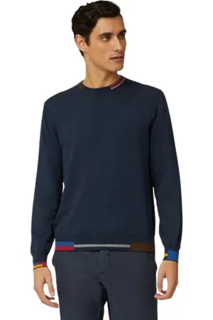 HARMONT&BLAINE Strik, Herre, Blå, S, Bomuld, Bomuld og uld crew-neck sweater med multicolor detaljer