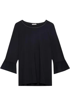 Elena Miro Bluser & Skjorter, Dame, Blå, S, Uld, T-Shirt med Rynket Ærme og Kæde