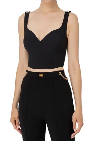 Elisabetta Franchi Top, Dame, Sort, S, Uld, Sort stretch crepe top med logo detalje