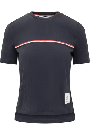 Thom Browne Top, Dame, Blå, XS, Bomuld, Kortærmet T-shirt med rund hals og logo broderi