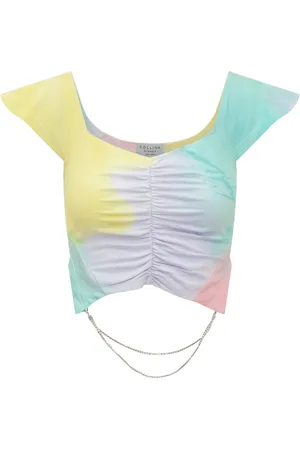Collina Strada Top, Dame, Flerfarvet, M, Cropped V-Hals Tie Dye T-Shirt med Rhinestone Tribal Mønster