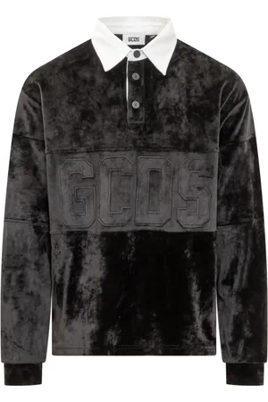 GCDS Top, Herre, Sort, S, Uld, Sort fløjl langærmet polo