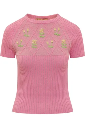 CORMIO Top, Dame, Lyserød, XS, Uld, Blomst Broderet Crew Neck T-Shirt