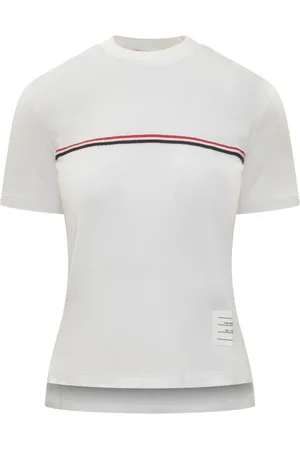 Thom Browne Top, Dame, Hvid, M, Bomuld, Kortærmet T-shirt med rund hals og logo broderi