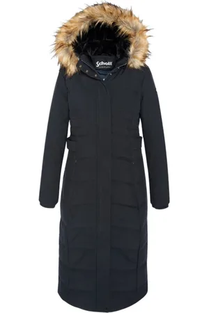 Schott NYC Jakke, Dame, Blå, XS, Uld, Lang Parka med Aftagelig Hætte