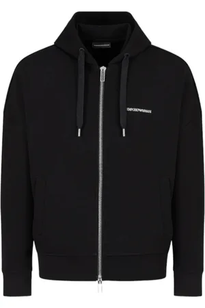 Emporio Armani Sweathshirts & Hoodies, Herre, Sort, 2XL, Bomuld, Sort Dobbelt Jersey Hættetrøje med Logo