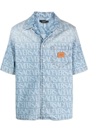 VERSACE Skjorte, Herre, Blå, L, Bomuld, Blå Allover Mønster Skjorte