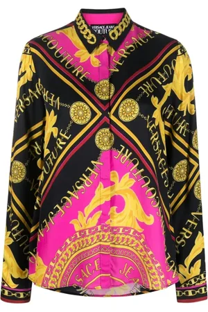 VERSACE Bluser & Skjorter, Dame, Flerfarvet, XS, Uld, Sort Guld Pink Bluse med Kæde