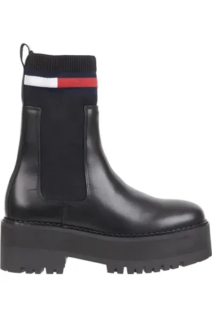 Tommy Hilfiger Sko, Dame, Sort, 40 EU, Læder, Sort Flatform Chelsea Sock Ankelstøvler