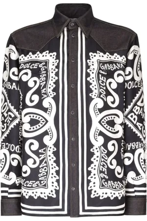 Dolce & Gabbana Skjorte, Herre, Sort, 2XL, Denim, Grafisk Print Denim-Trim Skjorte