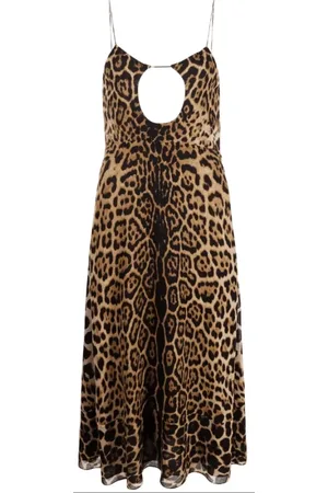 Saint Laurent Kjole, Dame, Brun, M, Uld, Leopard Print Cut-Out Midi Kjole
