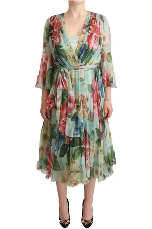 Dolce & Gabbana Kjole, Dame, Grøn, XS, Bomuld, Grøn Blomstret Silkekjole