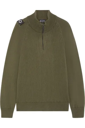 MA.STRUM Strik, Herre, Grøn, L, Uld, Quarter Zip Strik med Ribbet Strækvæv